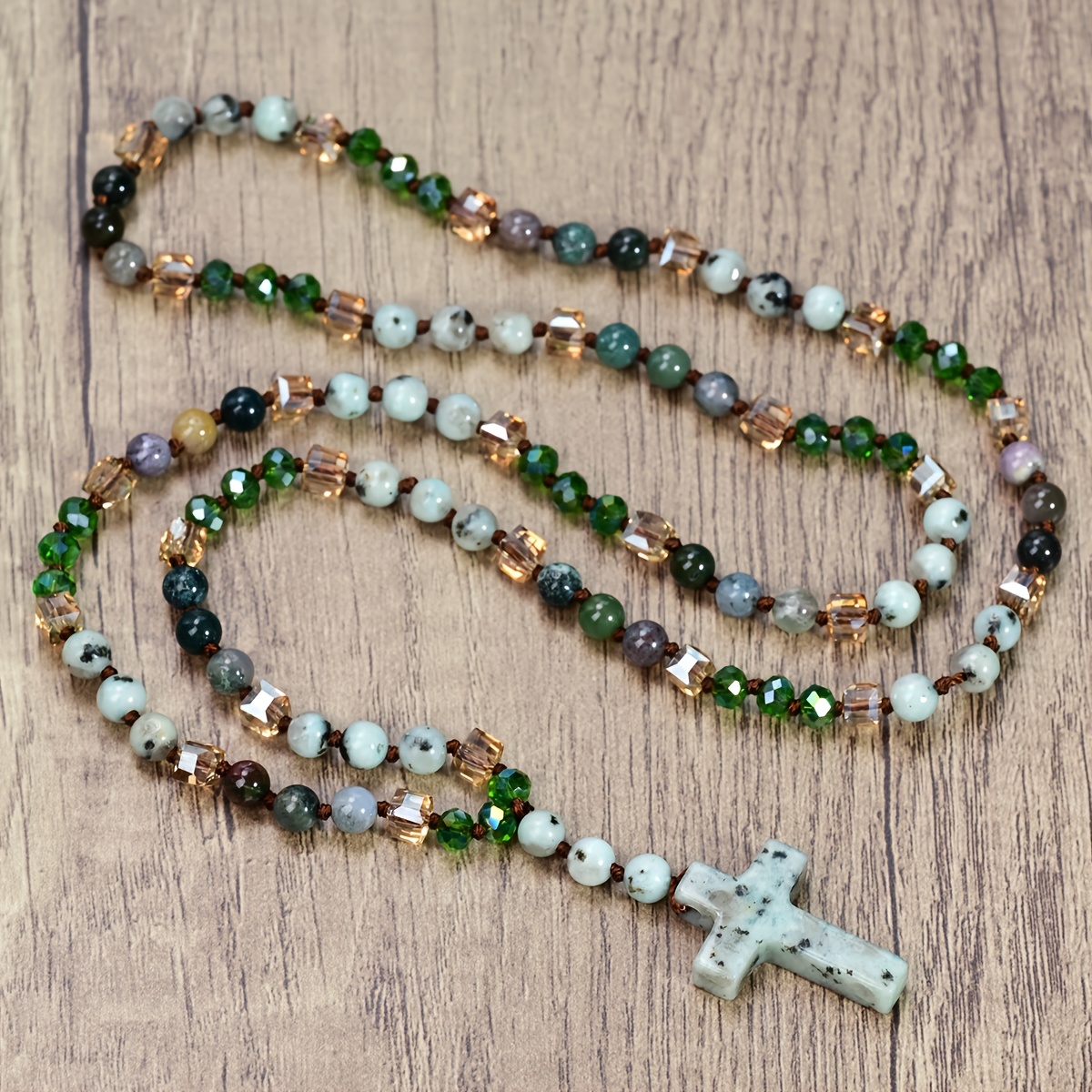Tiger Eye & Sodalite Cross Necklace with 108 Beads, Unisex Gift